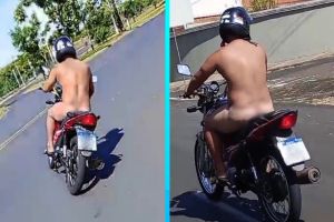 Homem é flagrado pilotando moto completamente nu em Matão