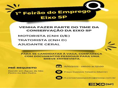 Eixo SP fará feirão de empregos neste sábado, em São Pedro