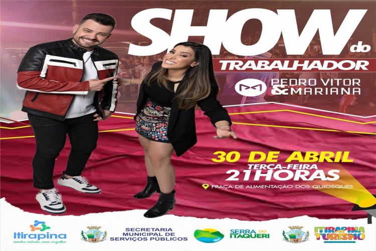 Festa do Trabalhador terá Show de Pedro Vitor e Mariana em Itirapina