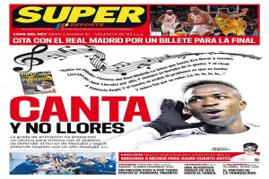 &quot;Canta e não chore&quot;: Capa do jornal &quot;Superdeporte&quot; sobre música de torcida organizada do Valencia contra Vinicius Junior, do Real Madrid 