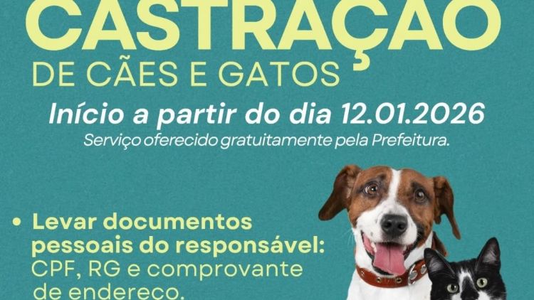 Prefeitura de Descalvado abre cadastros para programa gratuito de castração de cães e gatos